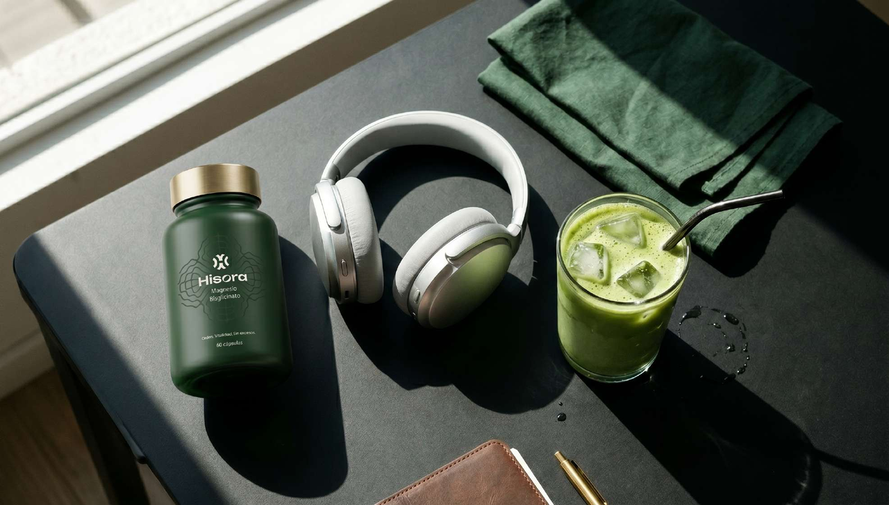 Magnesio Bisglicinato HISORA junto a auriculares y un matcha en un escritorio — Orden. Vitalidad. Sin excesos.
