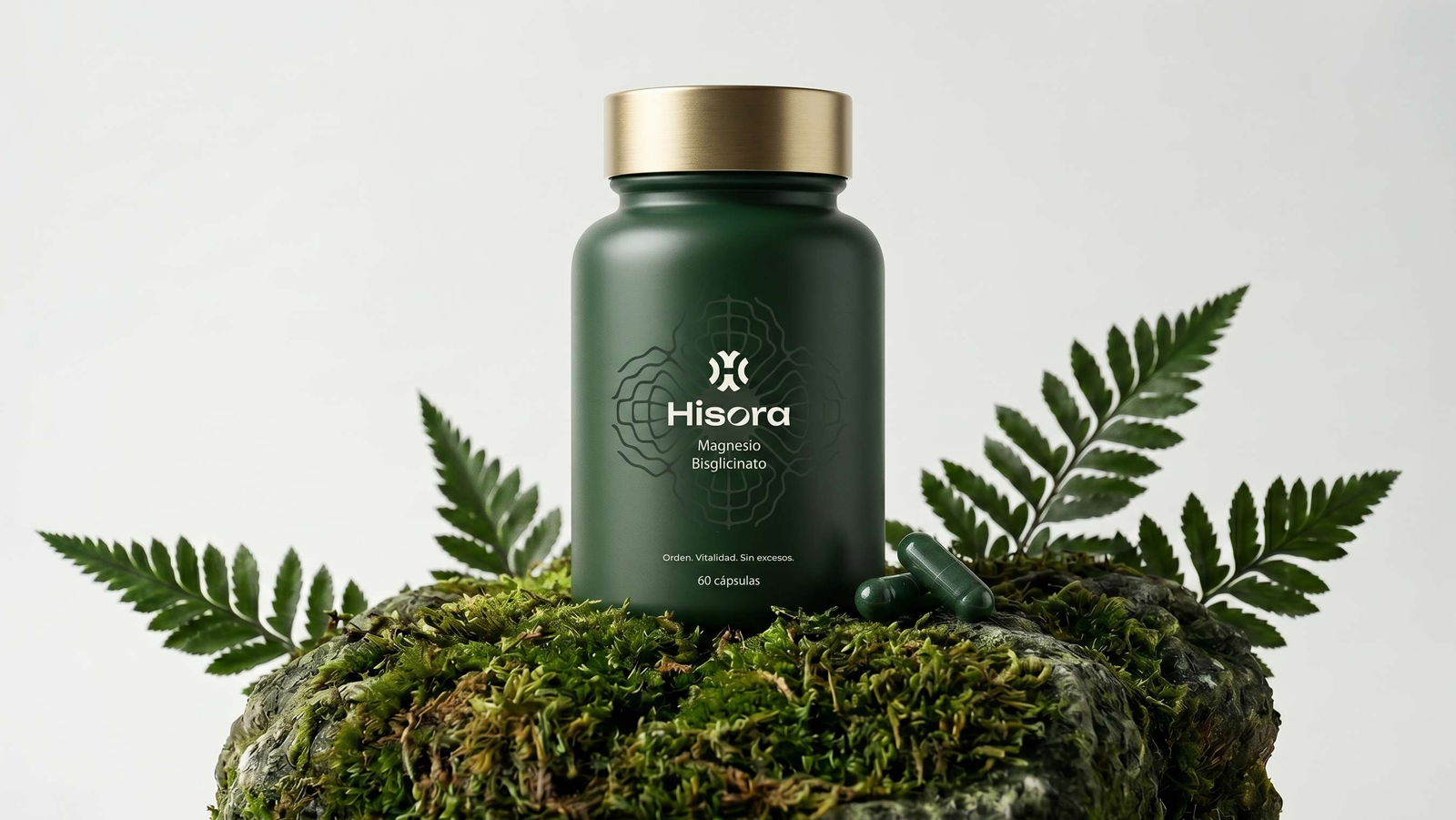 Frasco HISORA con tapa dorada y patrón Chladni sobre musgo y helecho — La Ciencia del Orden