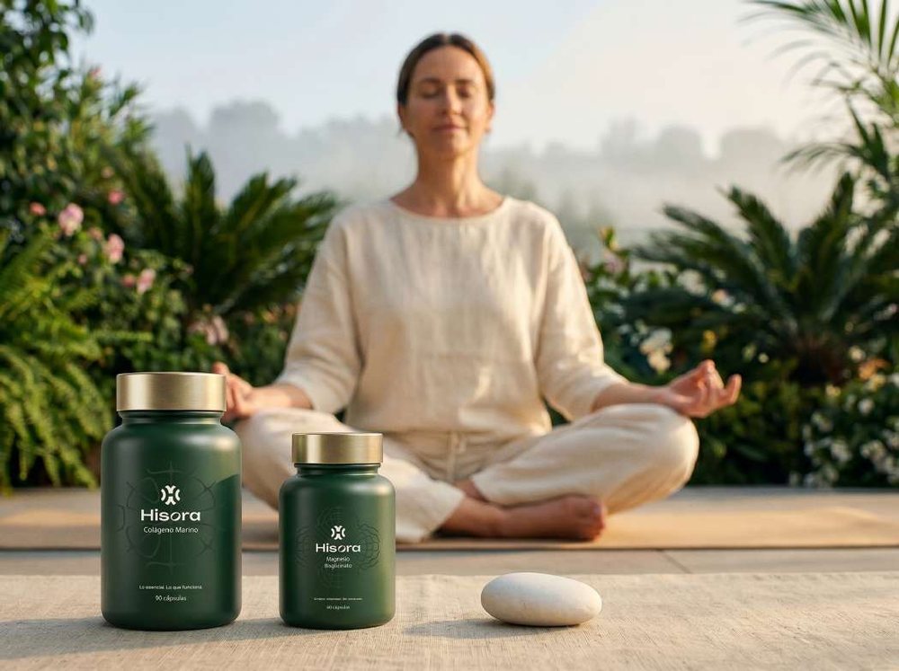 Mujer meditando junto a los dos productos HISORA